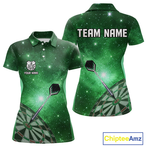 Green galaxy space pattern Darts Polo, Quarter zip Shirts For Women Custom Team Darts Jersey Outfit NQS10877