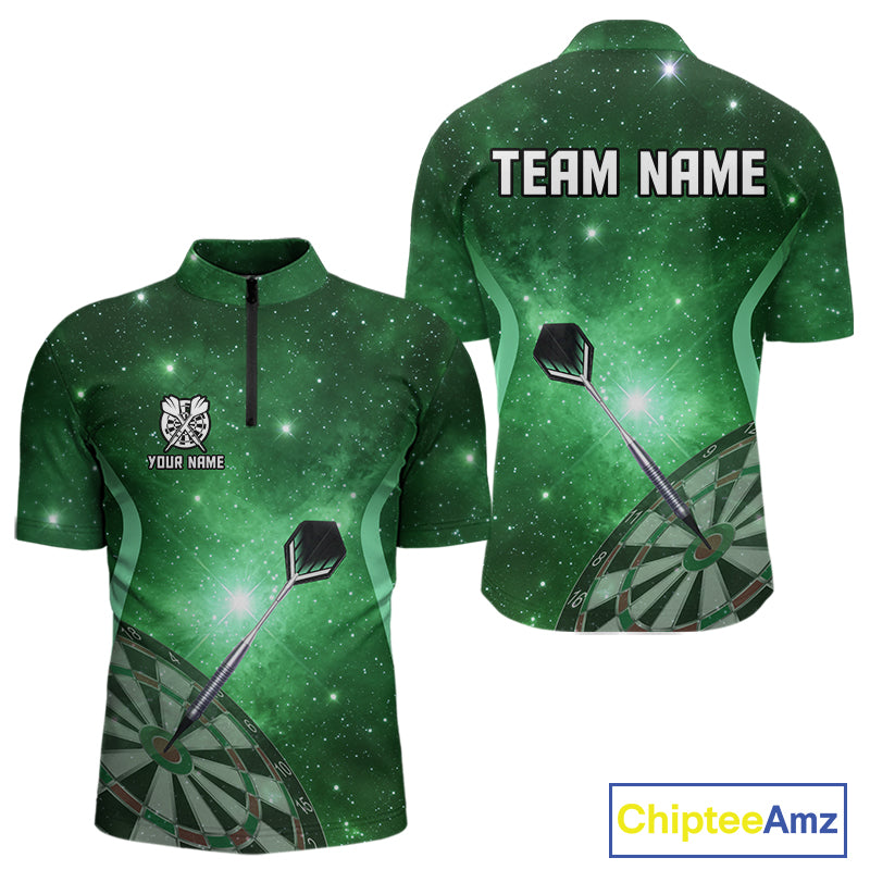 Green galaxy space pattern Darts Polo, Quarter zip Shirts For Men Custom Team Darts Jersey Outfit NQS10877