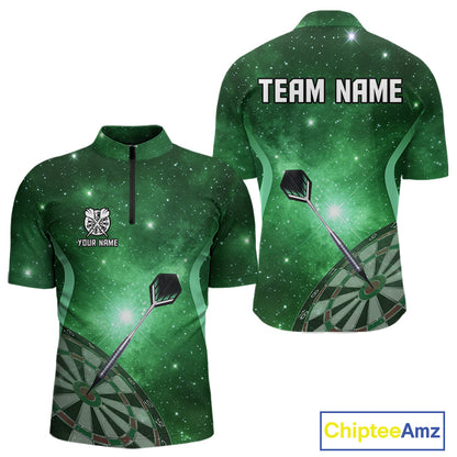 Green galaxy space pattern Darts Polo, Quarter zip Shirts For Men Custom Team Darts Jersey Outfit NQS10877
