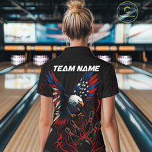 Load image into Gallery viewer, Black and Red Flame American Flag Eagle Bowling Shirts For Women Custom Patriotic Bowling Team Jersey NQS10878
