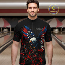 Load image into Gallery viewer, Black and Red Flame American Flag Eagle Bowling Shirts For Men Custom Patriotic Bowling Team Jersey NQS10878