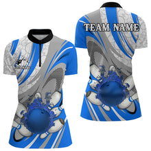 Load image into Gallery viewer, White and Blue Flame Camo Bowling Polo, Quarter Zip Shirt for Women Custom Bowling Team Jersey NQS9167