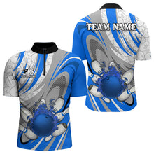 Load image into Gallery viewer, White and Blue Flame Camo Bowling Polo, Quarter Zip Shirt for Men Custom Bowling Team Jersey NQS9167