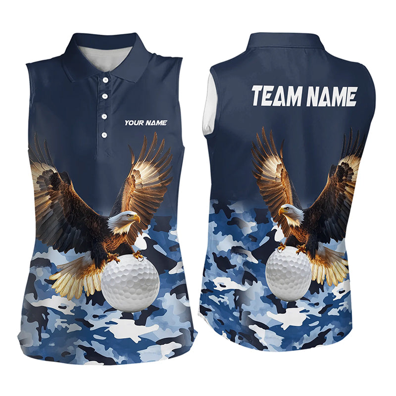 Blue Camo Eagle Golf Ball Womens Sleeveless Polo Shirt custom patriotic golf tops for ladies golf wear NQS9171