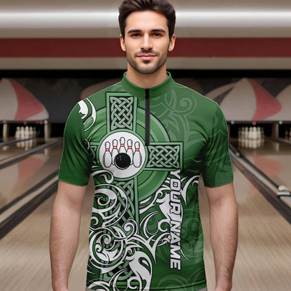 Green Irish Tribal Cross St Patrick's Day Mens bowling shirts Custom Lucky Bowling Team Jerseys NQS9382