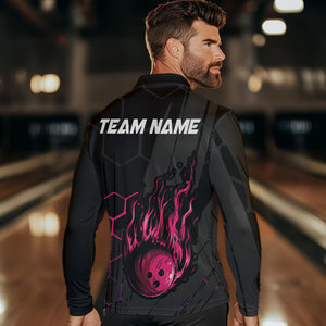 Black And Pink Flame Bowling Shirts For Men Custom Bowling Team League Jersey, Gift For Bowlers NQS9385