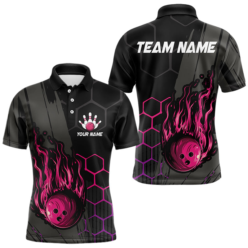 Black And Pink Flame Bowling Shirts For Men Custom Bowling Team League Jersey, Gift For Bowlers NQS9385