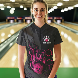 Black And Pink Flame Bowling Shirts For Women Custom Bowling Team League Jersey, Gift For Bowlers NQS9385