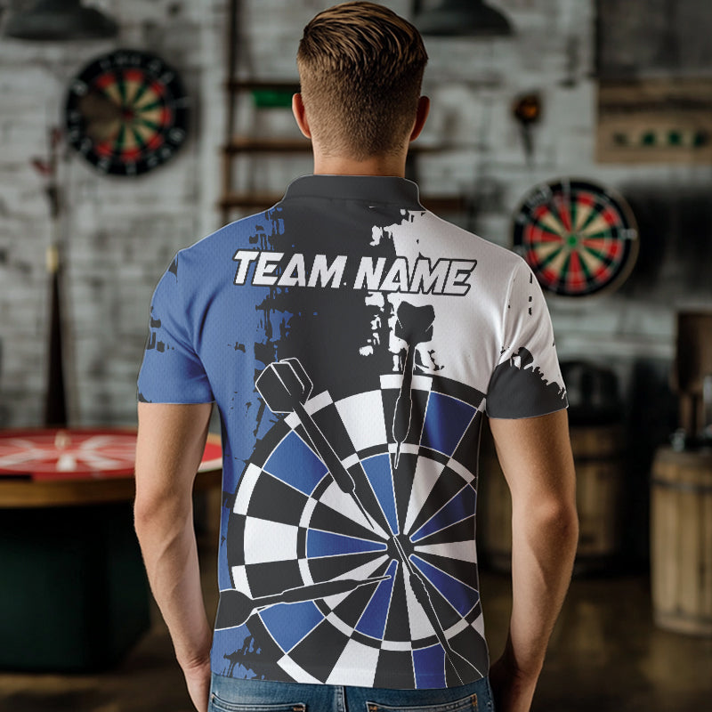 Personalized Black, Blue and White Grunge Darts Shirts For Men Custom Retro Team Darts Jersey NQS9525