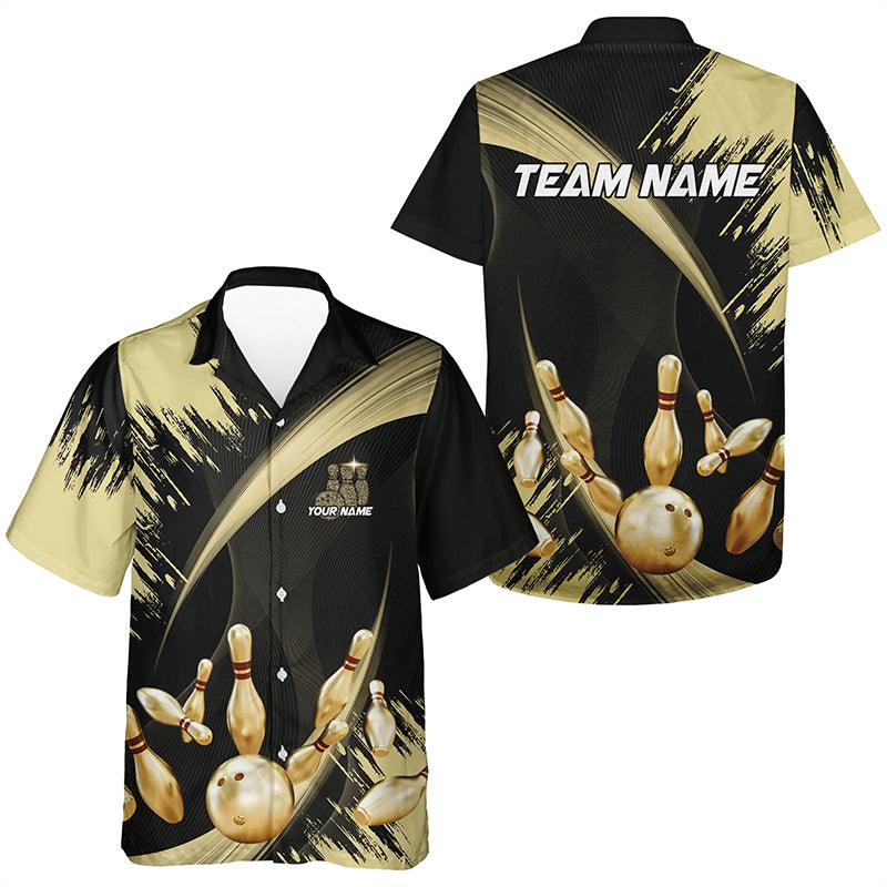 Personalized Black and Gold Bowling hawaiian shirts Custom Bowling Team button up shirts NQS9531