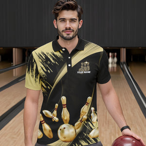 Personalized Black and Gold Bowling Polo, Quarter Zip Shirts For Mens Custom Bowling Team Jersey NQS9531
