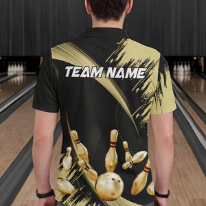 Personalized Black and Gold Bowling Polo, Quarter Zip Shirts For Mens Custom Bowling Team Jersey NQS9531