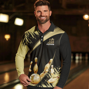 Personalized Black and Gold Bowling Polo, Quarter Zip Shirts For Mens Custom Bowling Team Jersey NQS9531