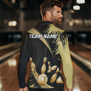 Personalized Black and Gold Bowling Polo, Quarter Zip Shirts For Mens Custom Bowling Team Jersey NQS9531