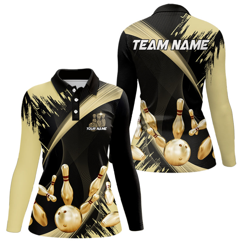 Personalized Black and Gold Bowling Polo, Quarter Zip Shirts For Women Custom Bowling Team Jersey NQS9531