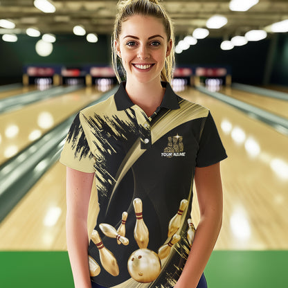 Personalized Black and Gold Bowling Polo, Quarter Zip Shirts For Women Custom Bowling Team Jersey NQS9531