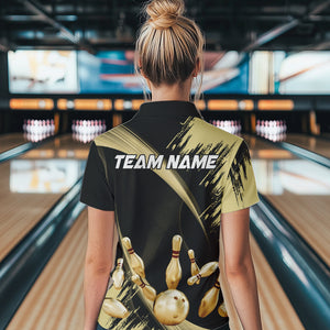 Personalized Black and Gold Bowling Polo, Quarter Zip Shirts For Women Custom Bowling Team Jersey NQS9531