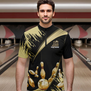 Personalized Black and Gold Bowling Polo, Quarter Zip Shirts For Mens Custom Bowling Team Jersey NQS9531