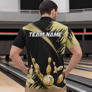 Personalized Black and Gold Bowling Polo, Quarter Zip Shirts For Mens Custom Bowling Team Jersey NQS9531