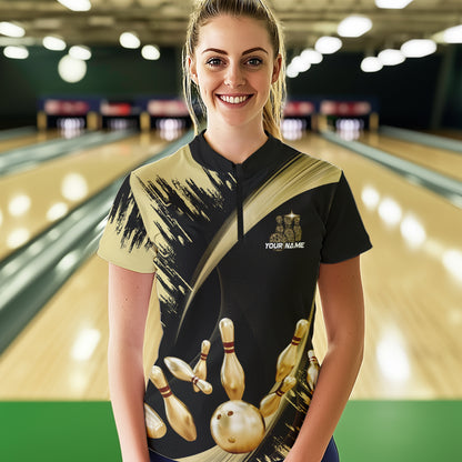 Personalized Black and Gold Bowling Polo, Quarter Zip Shirts For Women Custom Bowling Team Jersey NQS9531