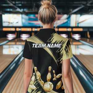 Personalized Black and Gold Bowling Polo, Quarter Zip Shirts For Women Custom Bowling Team Jersey NQS9531