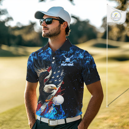Blue Flame American Flag Eagle golf polo shirts for Men Custom patriotic mens golf outfit NQS11644
