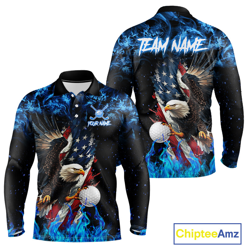 Blue Flame American Flag Eagle golf polo shirts for Men Custom patriotic mens golf outfit NQS11644