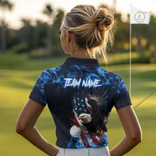 Load image into Gallery viewer, Blue Flame American Flag Eagle golf polo shirts for Women Custom patriotic ladies golf outfit NQS11644