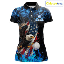 Load image into Gallery viewer, Blue Flame American Flag Eagle golf polo shirts for Women Custom patriotic ladies golf outfit NQS11644