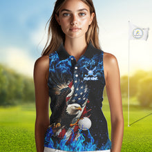 Load image into Gallery viewer, Blue Flame American Flag Eagle sleeveless golf shirts for Women Custom patriotic ladies golf outfit NQS11644