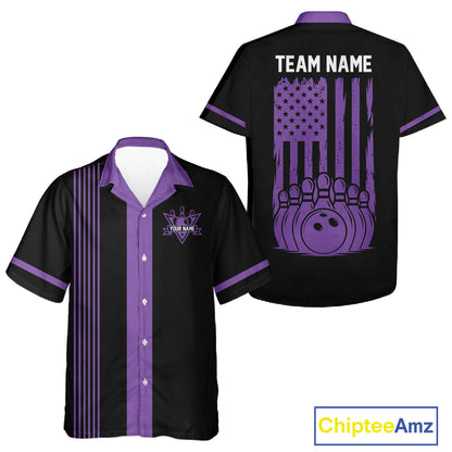 Custom Black and Purple American Flag Retro Bowling Team Hawaiian Shirts, Patriotic Bowling Outfits NQS11650