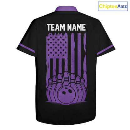 Custom Black and Purple American Flag Retro Bowling Team Hawaiian Shirts, Patriotic Bowling Outfits NQS11650