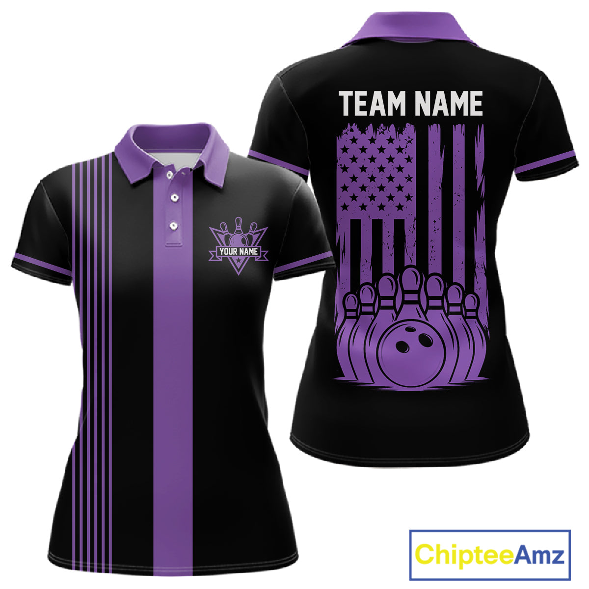 Custom Black and Purple American Flag Retro Bowling Team Shirts For Women, Patriotic Bowling Outfits NQS11650