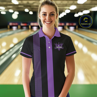 Custom Black and Purple American Flag Retro Bowling Team Shirts For Women, Patriotic Bowling Outfits NQS11650