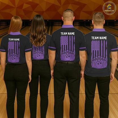 Custom Black and Purple American Flag Retro Bowling Team Shirts For Men, Patriotic Bowling Outfits NQS11650