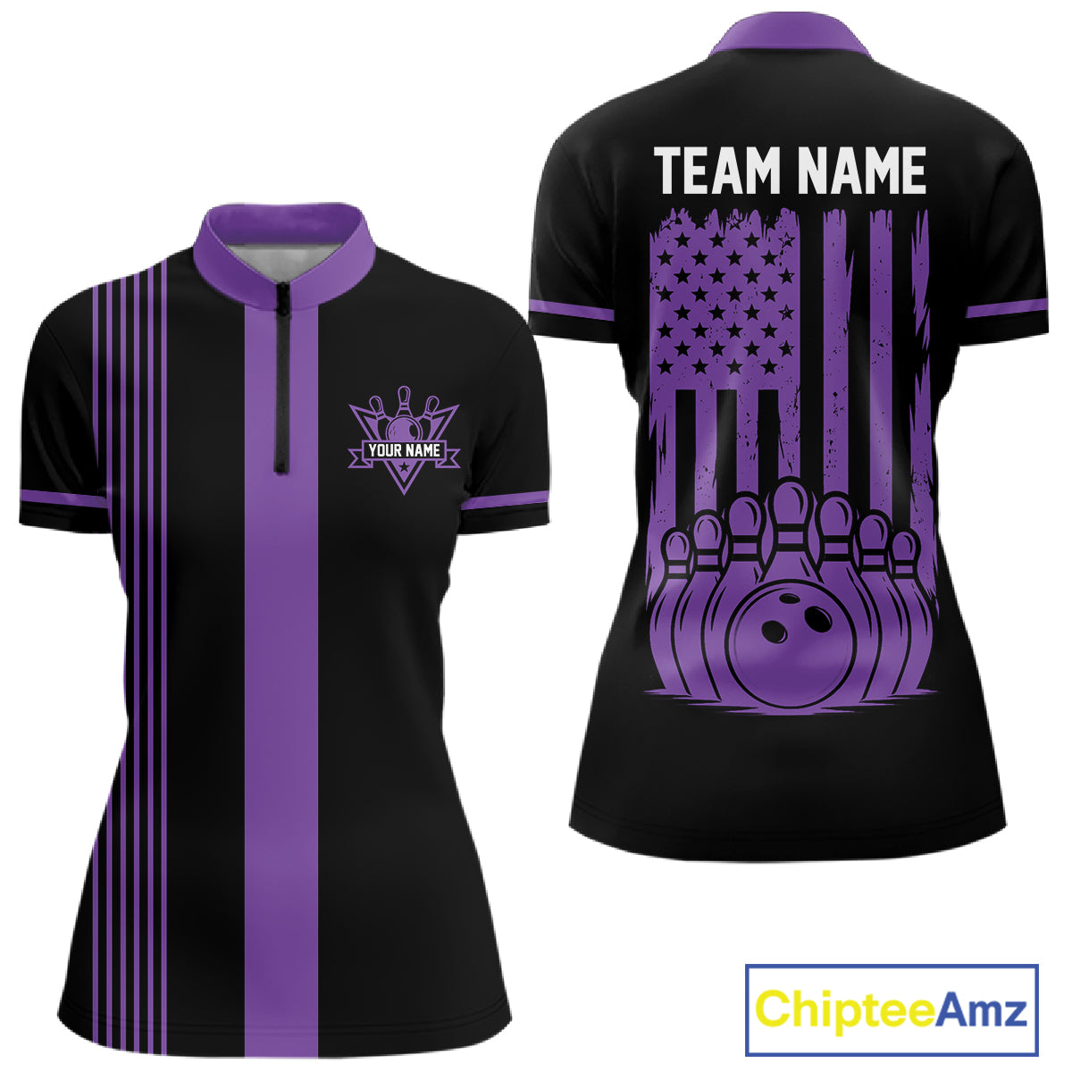 Custom Black and Purple American Flag Retro Bowling Team Shirts For Women, Patriotic Bowling Outfits NQS11650