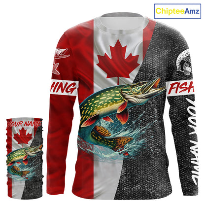 Canadian Flag Northern pike Fishing Custom long sleeve performance Fishing Shirt, pike Fishing jerseys NQS4927