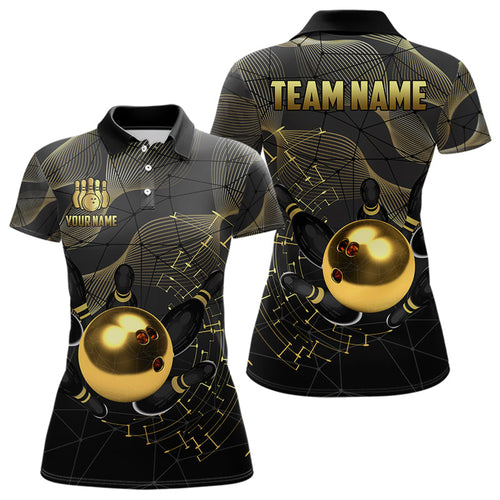 Black and Gold Bowling Polo, Quarter Zip Shirts For Women Custom Bowling Team League Jersey NQS9688