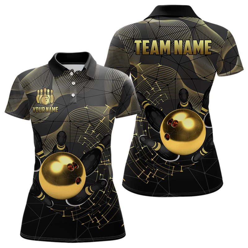 Black and Gold Bowling Polo, Quarter Zip Shirts For Women Custom Bowling Team League Jersey NQS9688
