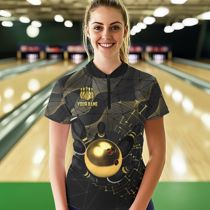Black and Gold Bowling Polo, Quarter Zip Shirts For Women Custom Bowling Team League Jersey NQS9688