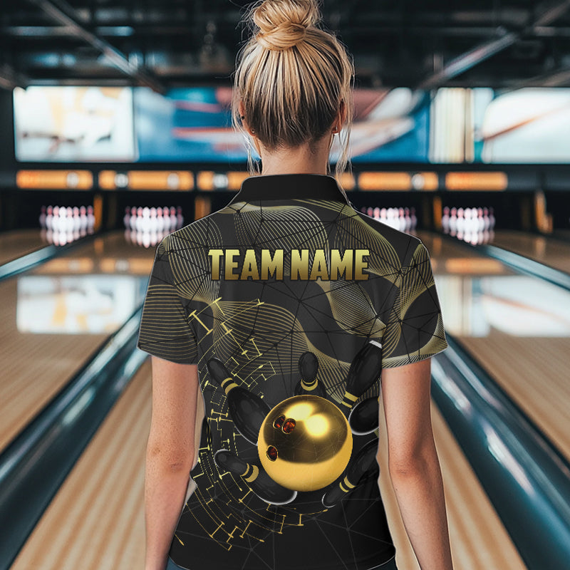 Black and Gold Bowling Polo, Quarter Zip Shirts For Women Custom Bowling Team League Jersey NQS9688