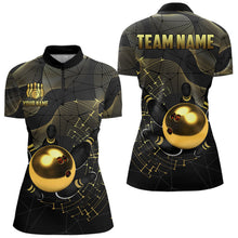 Load image into Gallery viewer, Black and Gold Bowling Polo, Quarter Zip Shirts For Women Custom Bowling Team League Jersey NQS9688