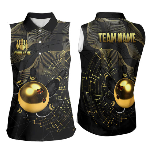 Personalized Black and Gold Women Bowling Sleeveless Polo Shirt Custom Bowling Team League Jersey NQS9688