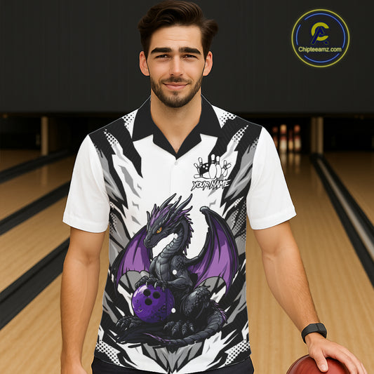 Black and White Bowling Button-up Shirts Custom Purple Dragon Bowling Team Hawaiian Jerseys NQS11740