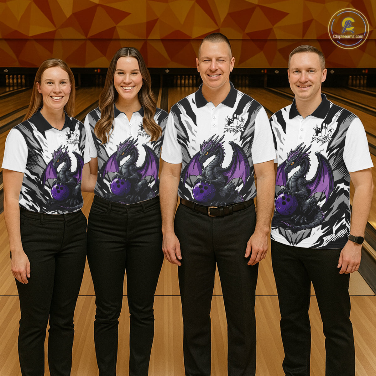 Black and White Bowling Polo, Quarter Zip Shirts For Men Custom Purple Dragon Bowling Team Jerseys NQS11740