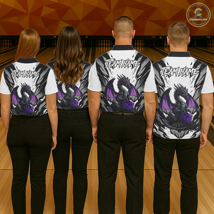 Black and White Bowling Polo, Quarter Zip Shirts For Men Custom Purple Dragon Bowling Team Jerseys NQS11740