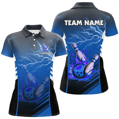 Flame bowling ball and pins lightning custom Women Bowling Polo Shirts, team bowling jerseys | Blue NQS7477