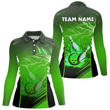 Load image into Gallery viewer, Flame bowling ball and pins lightning custom Women Bowling Polo Shirts, team bowling jerseys | Green NQS7478