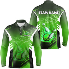 Load image into Gallery viewer, Flame bowling ball and pins lightning custom Men Bowling Polo Shirts, team bowling jerseys | Green NQS7478