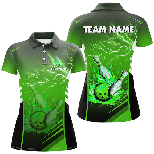 Flame bowling ball and pins lightning custom Women Bowling Polo Shirts, team bowling jerseys | Green NQS7478